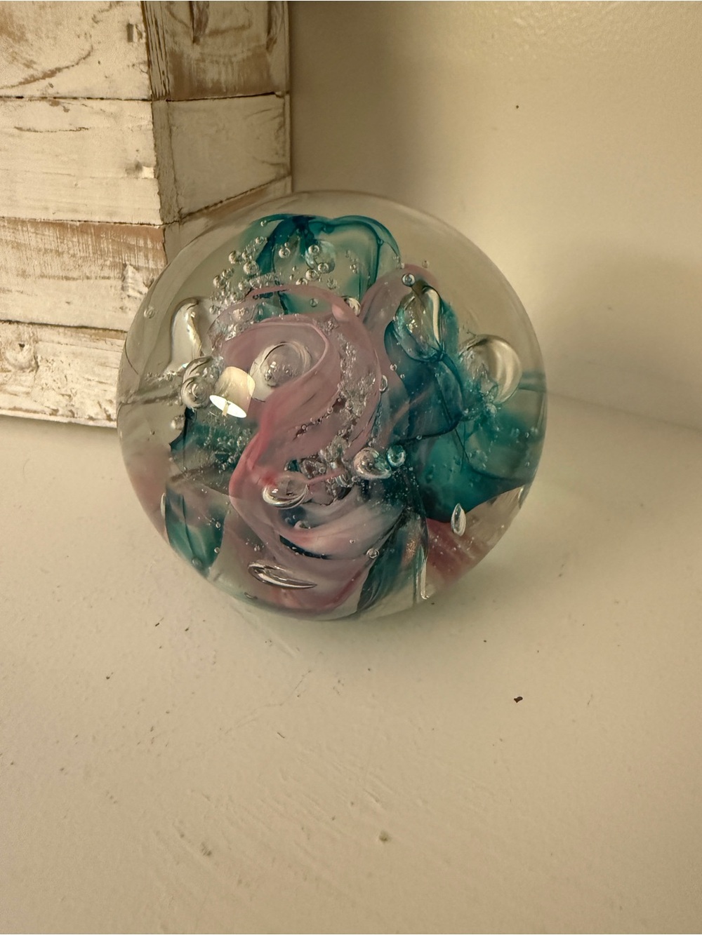 Signed Studio Art Glass Paperweight Teal Pink Swirl Bubble Abstract 4”